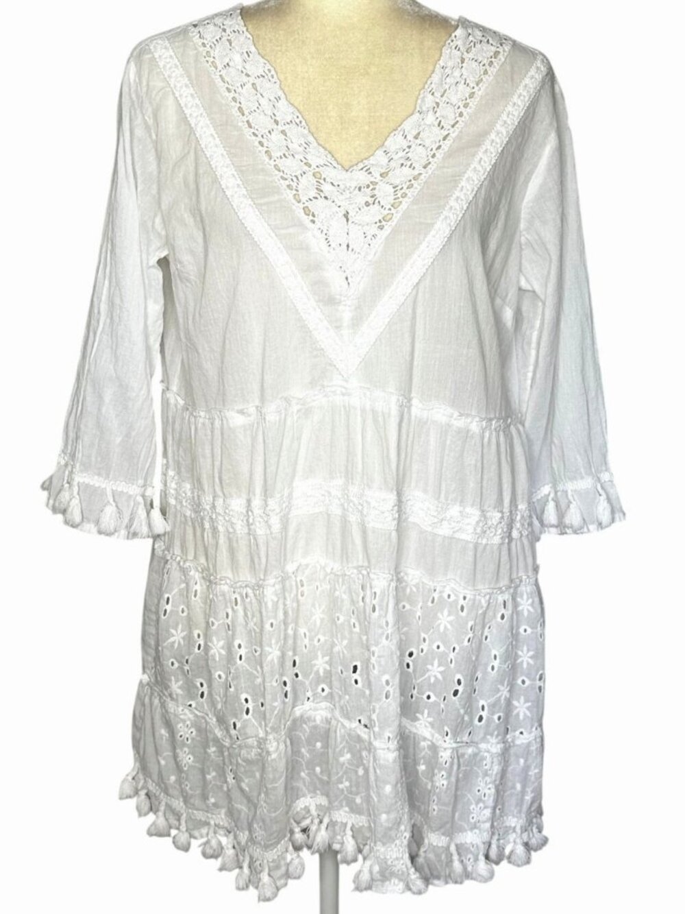 White Eyelet Mini Dress Cotton Boho V Neck Tassel XL Cottagecore